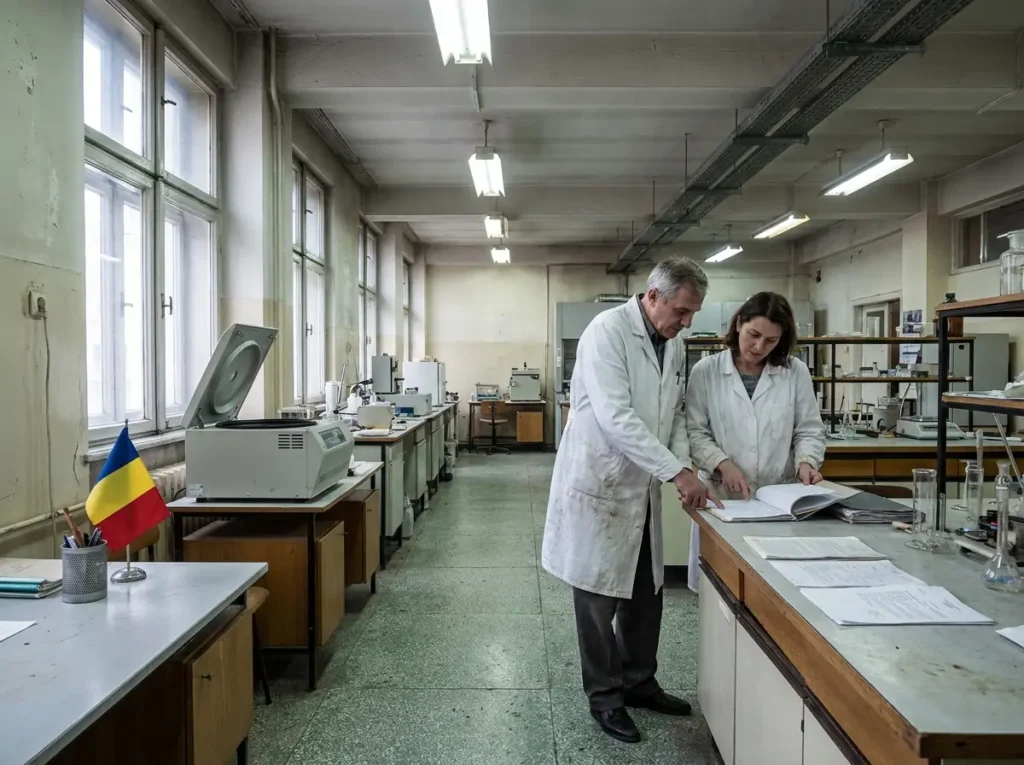 Laborator dintr-un institut național de cercetare din România, cu steag tricolor pe birou și doi cercetători în halate albe care consultă un dosar