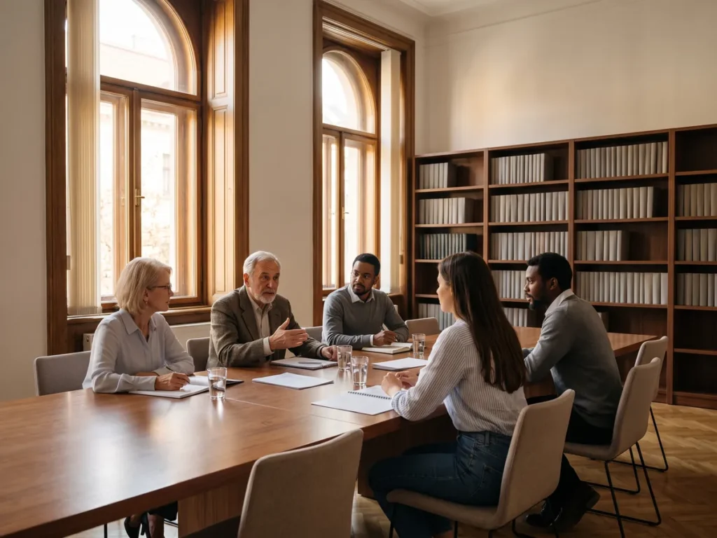 Masă rotundă academică într-o sală de seminar dintr-o clădire interbelică restaurată din București, ilustrare pentru Legea nr. 150/2026 privind Institutul Levant de Studii Avansate pentru Cultura Păcii