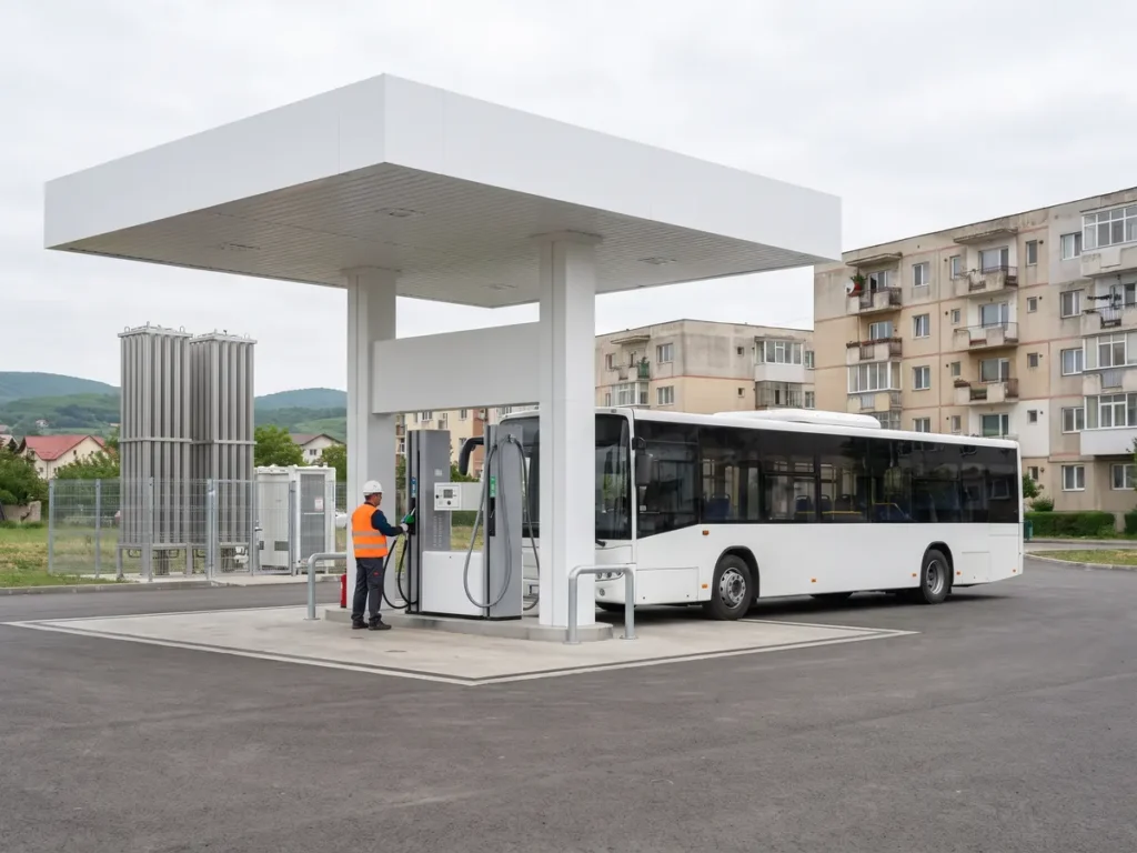 Stație de alimentare cu hidrogen pentru autobuze, amplasată la marginea unui cartier de blocuri, cu rezervoarele de stocare în incinta tehnică alăturată