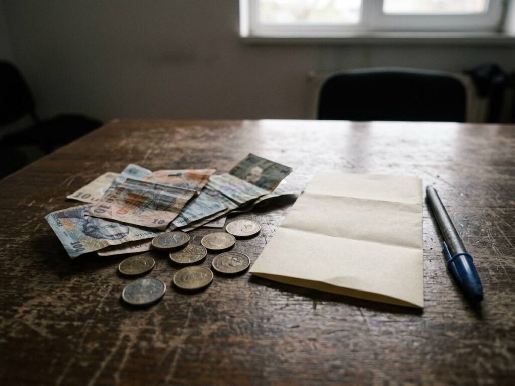 Bancnote și monede așezate pe o masă de lemn, lângă un formular împăturit și un pix