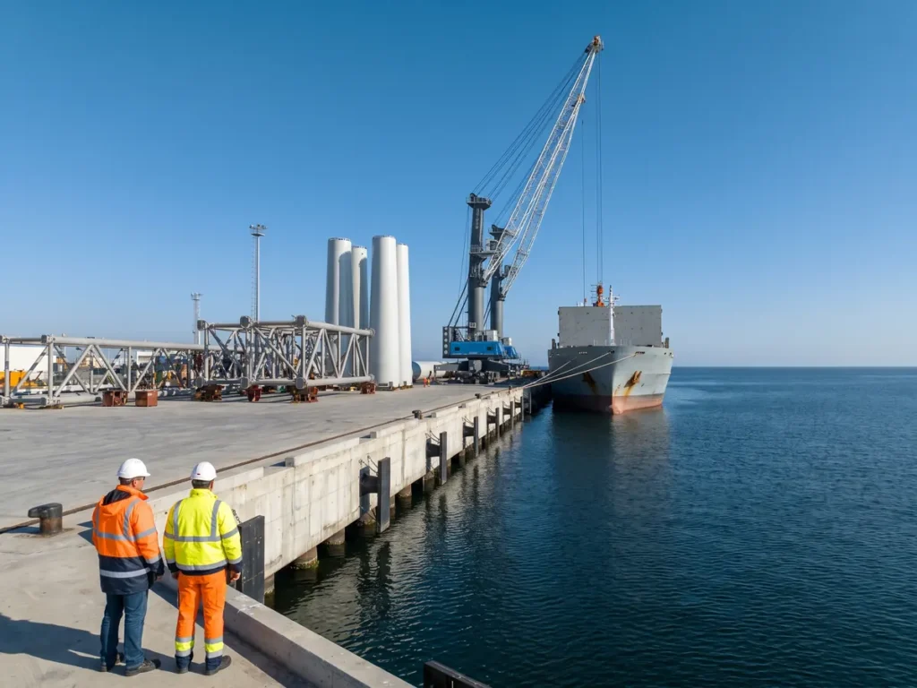 Doi muncitori portuari privesc spre cheu, unde sunt depozitate tronsoane de turnuri eoliene și structuri metalice, lângă o navă acostată la Marea Neagră