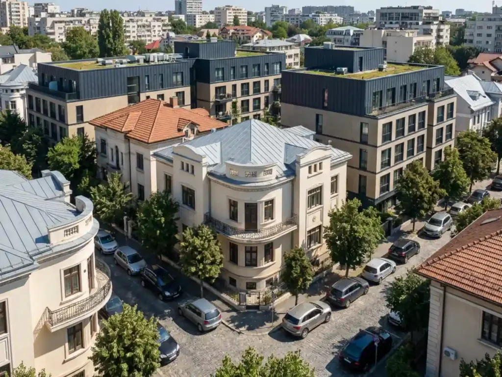Cartier rezidențial dintr-un oraș din România, cu vile interbelice restaurate și blocuri moderne