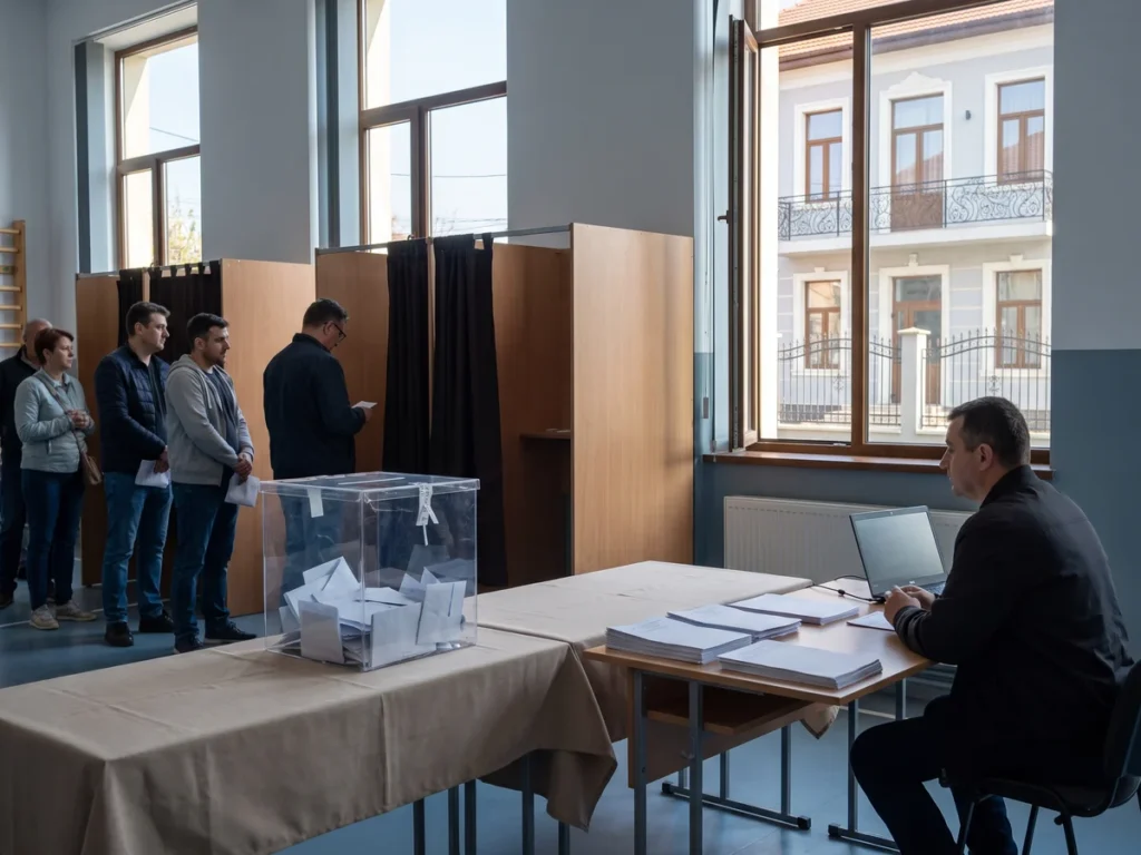 Secție de votare amenajată într-o sală de sport dintr-o școală din România, cu cabine și urnă transparentă