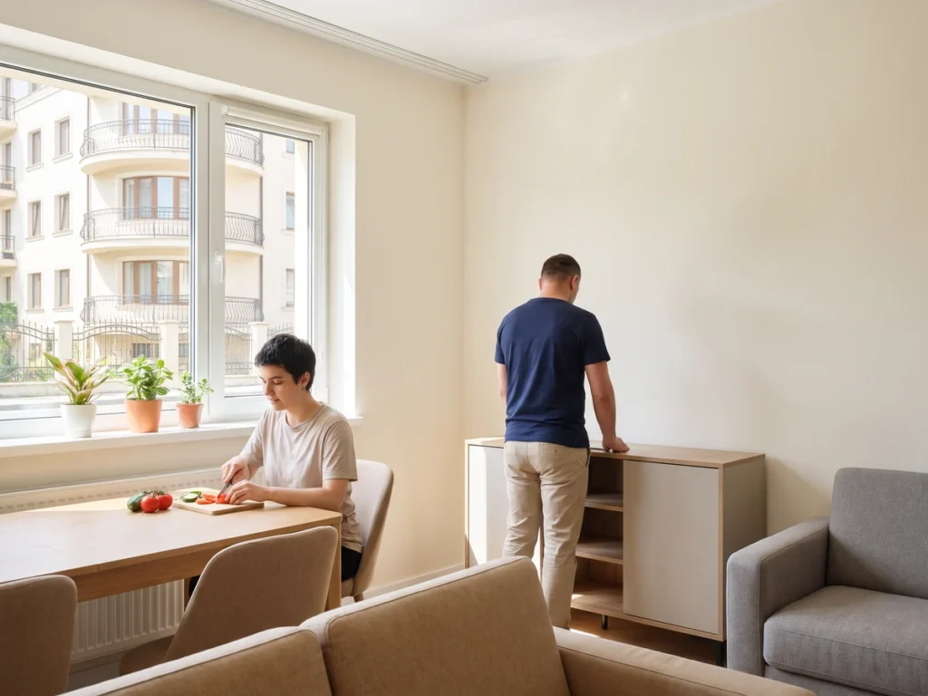 Apartament de locuire asistată în comunitate din România, cu un tânăr pregătind masa și un lucrător de sprijin