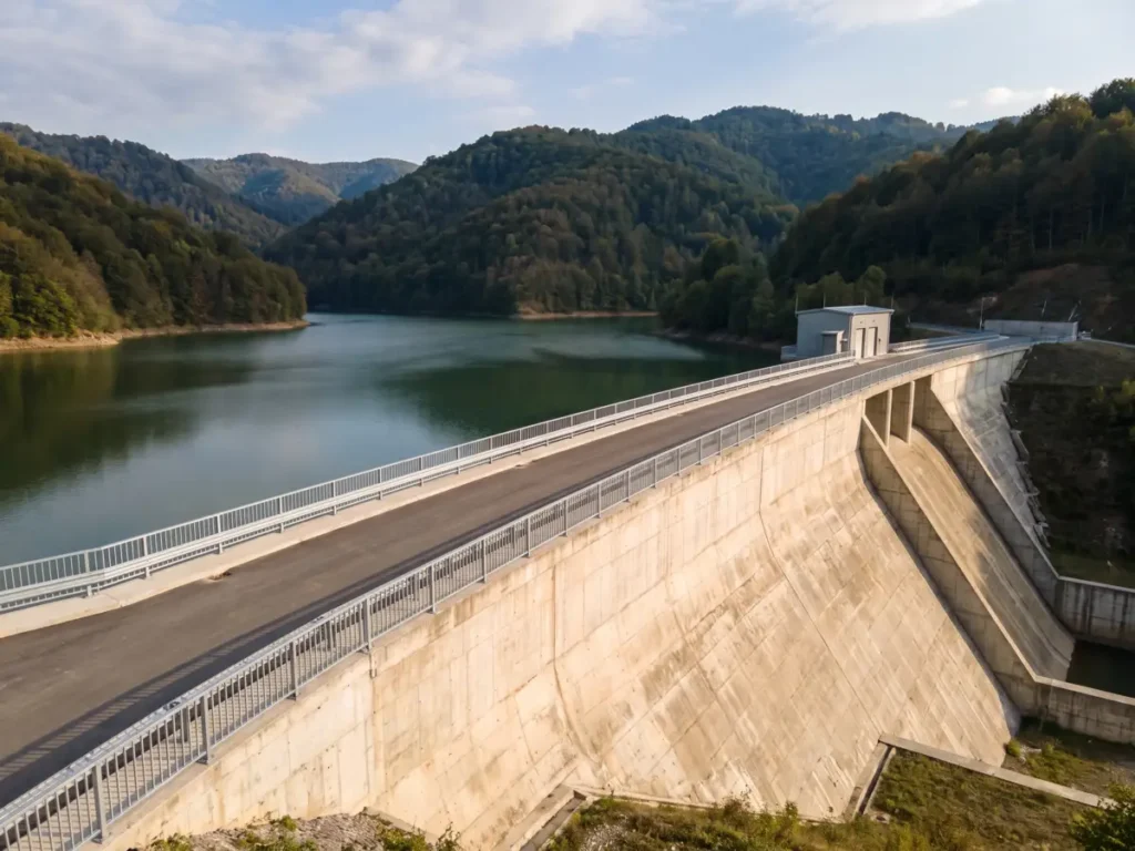 Baraj de beton și lac de acumulare într-o zonă montană împădurită din România
