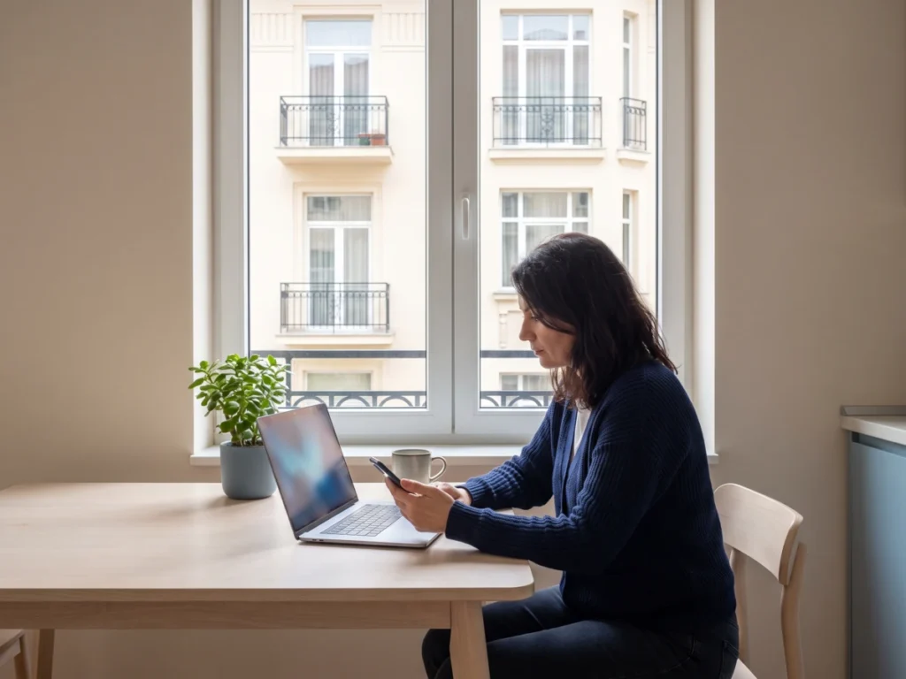 Femeie care își face o programare medicală online de acasă, cu laptopul și telefonul pe masă