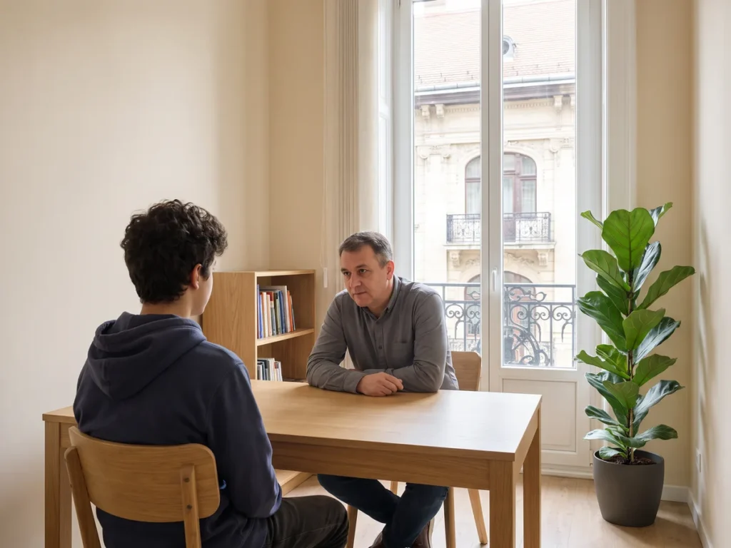 Adolescent văzut din spate, în discuție cu un consilier, într-un birou luminos al serviciului de probațiune