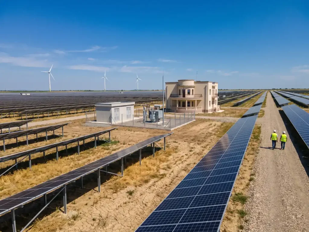 Parc fotovoltaic pe teren agricol degradat, cu turbine eoliene la orizont și o stație de transformare, ilustrând zonele de accelerare RES din Legea nr. 159/2026