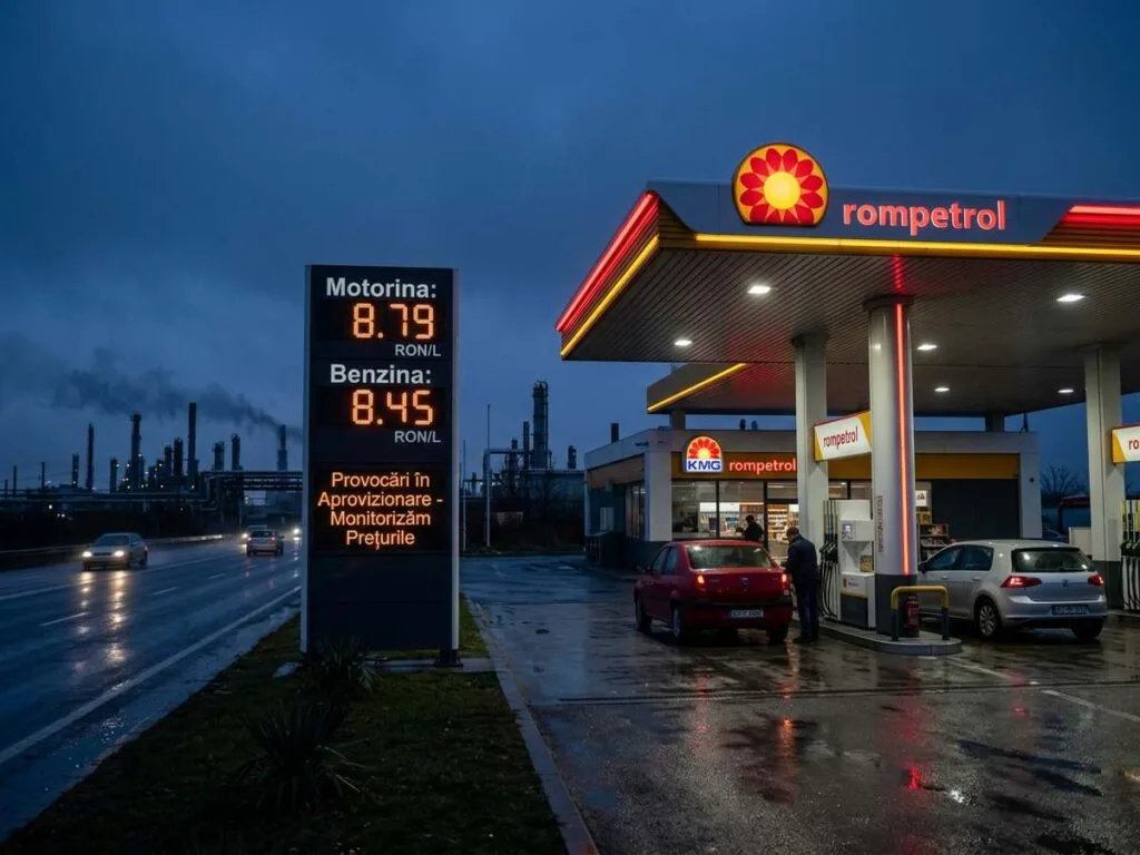 Statie de alimentare cu carburanti noaptea, cu panou de afisaj al preturilor la motorina si benzina, pe fondul crizei pietei titeiului din Romania