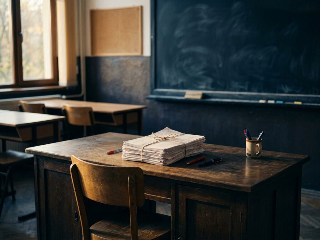 Catedră de profesor într-o sală de clasă goală, cu teste corectate și tablă în fundal