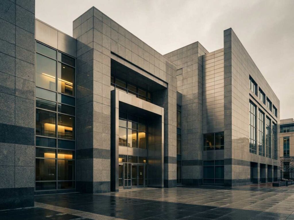Fațada modernă a unei clădiri de administrație fiscală, cu sticlă și piatră