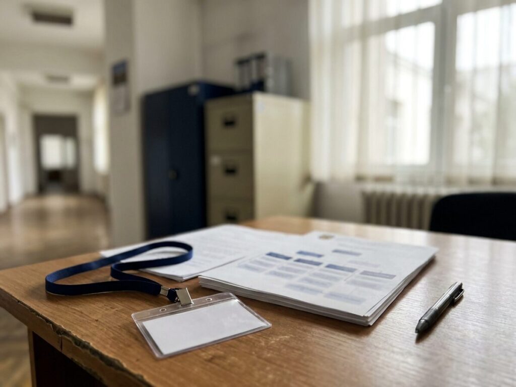 Birou de funcționar public cu organigramă și ecuson pe masă de lemn