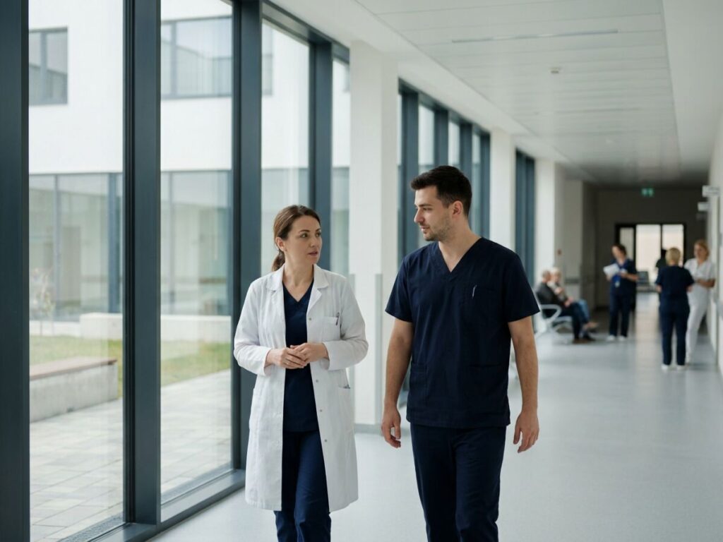 Coridor de spital modern, medic si asistenta medicala, ilustrand protectia personalului medical