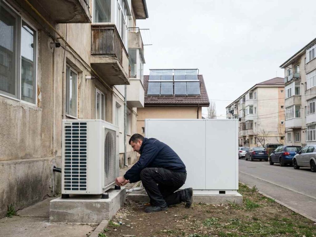 Tehnician montand o pompa de caldura langa un bloc de locuinte, cu panouri solare termice vizibile pe acoperis