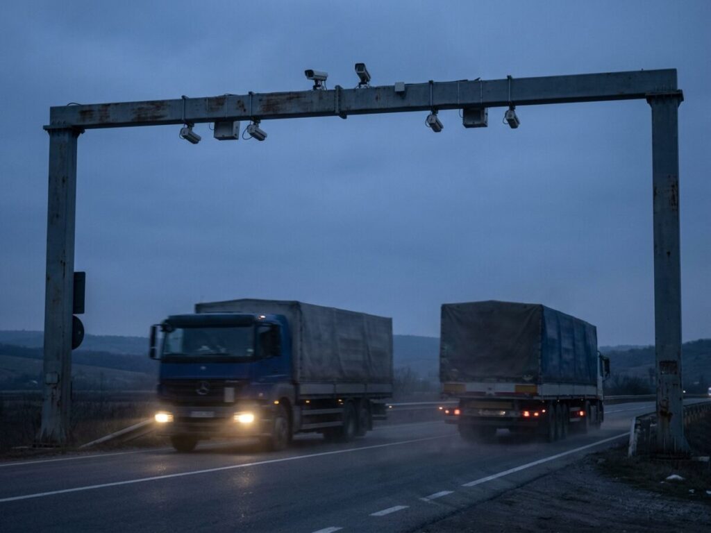 Portal de taxare rutiera electronica pe o autostrada din Romania, camioane de marfa trecand la asfintit