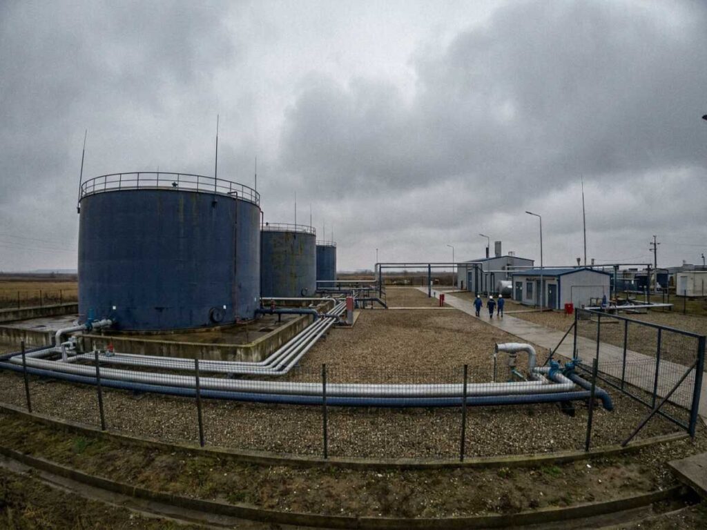 Rezervoare si conducte industriale la o facilitate de rezerve strategice de petrol, cer innorat