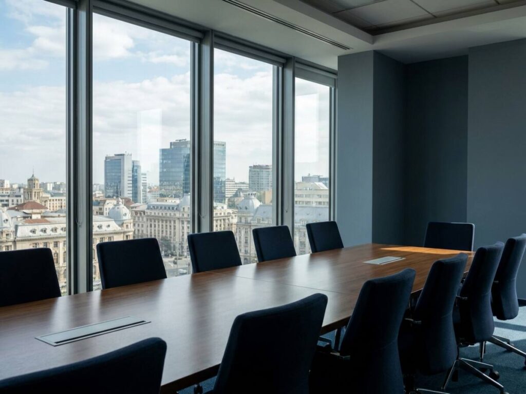 Sala de sedinte corporativa goala, cu masa de conferinta si vedere spre orizontul unui oras