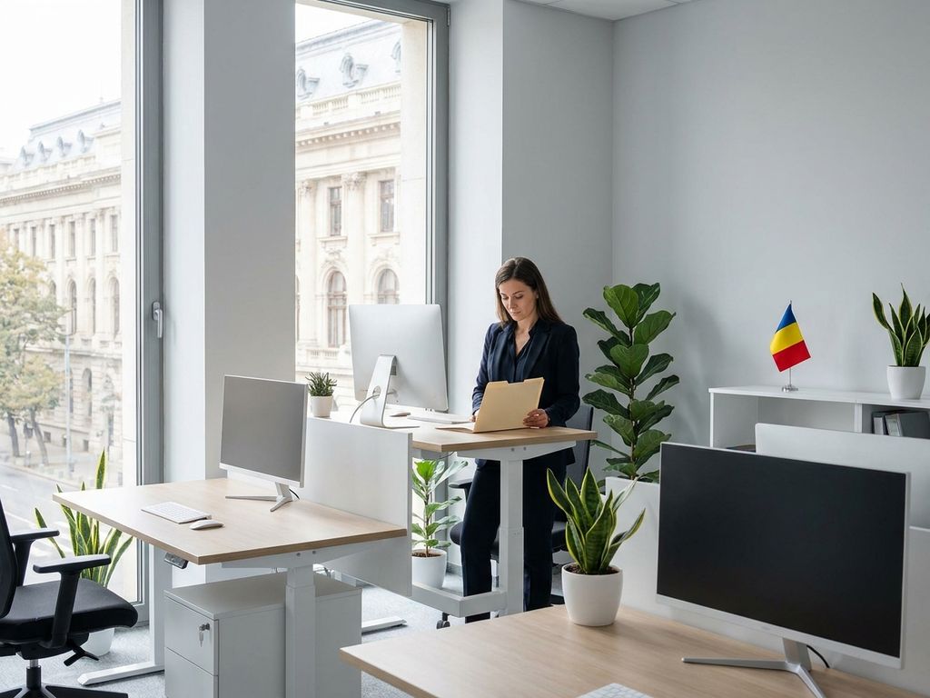 Birou modern de resurse umane la o companie de stat din Bucuresti, steag romanesc si o cladire clasica bucuresteana vizibile prin fereastra, o angajata verifica un dosar de personal