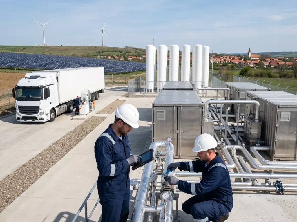 Instalație nouă de producere și alimentare cu hidrogen, cu panouri solare și turbine eoliene în fundal