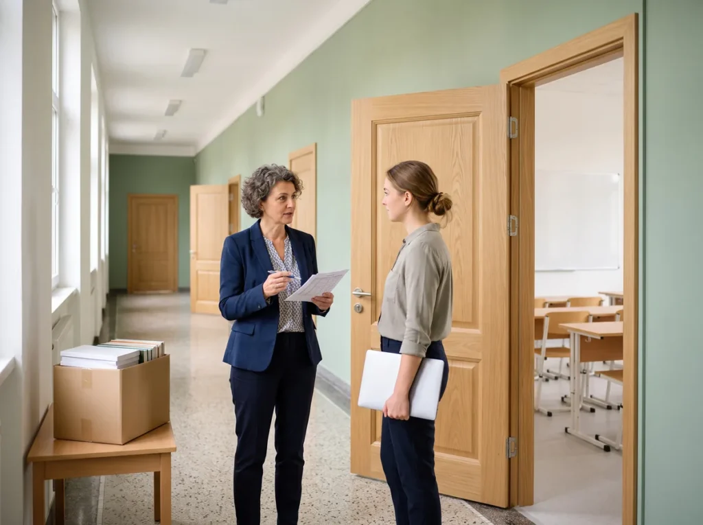 Coridor de școală renovat, cu directoarea și un profesor discutând orarul înaintea începerii anului școlar