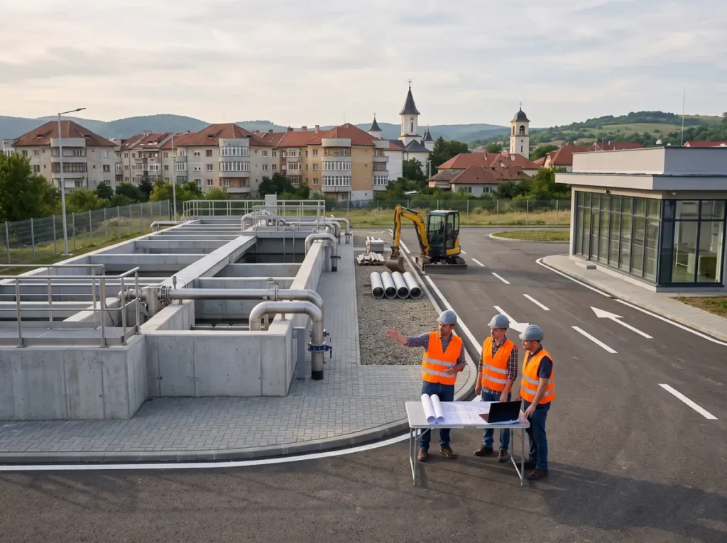 Stație de tratare a apei nou construită, cu trei lucrători care verifică planurile lângă un oraș din România