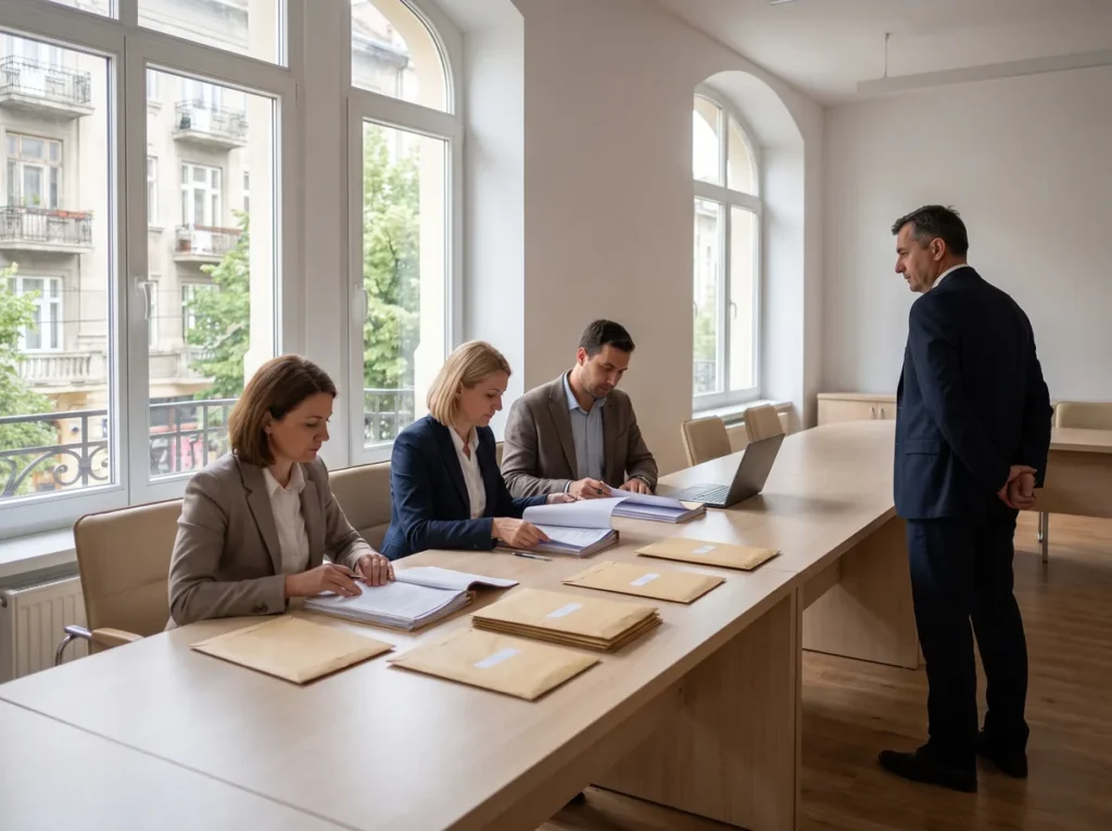 Comisie de evaluare a ofertelor la o licitatie publica, cu plicuri sigilate pe masa si reprezentantul unei firme asteptand