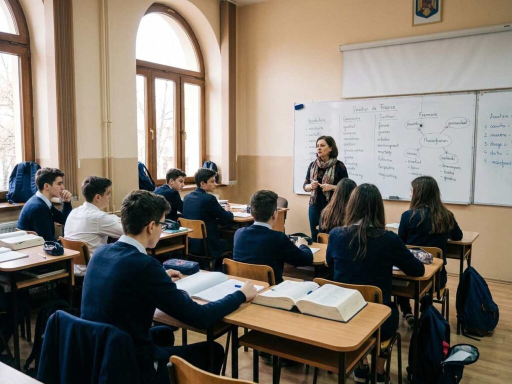 Elevi de liceu în timpul unei ore de limbă modernă, cu caiete și dicționare deschise, într-o sală luminoasă