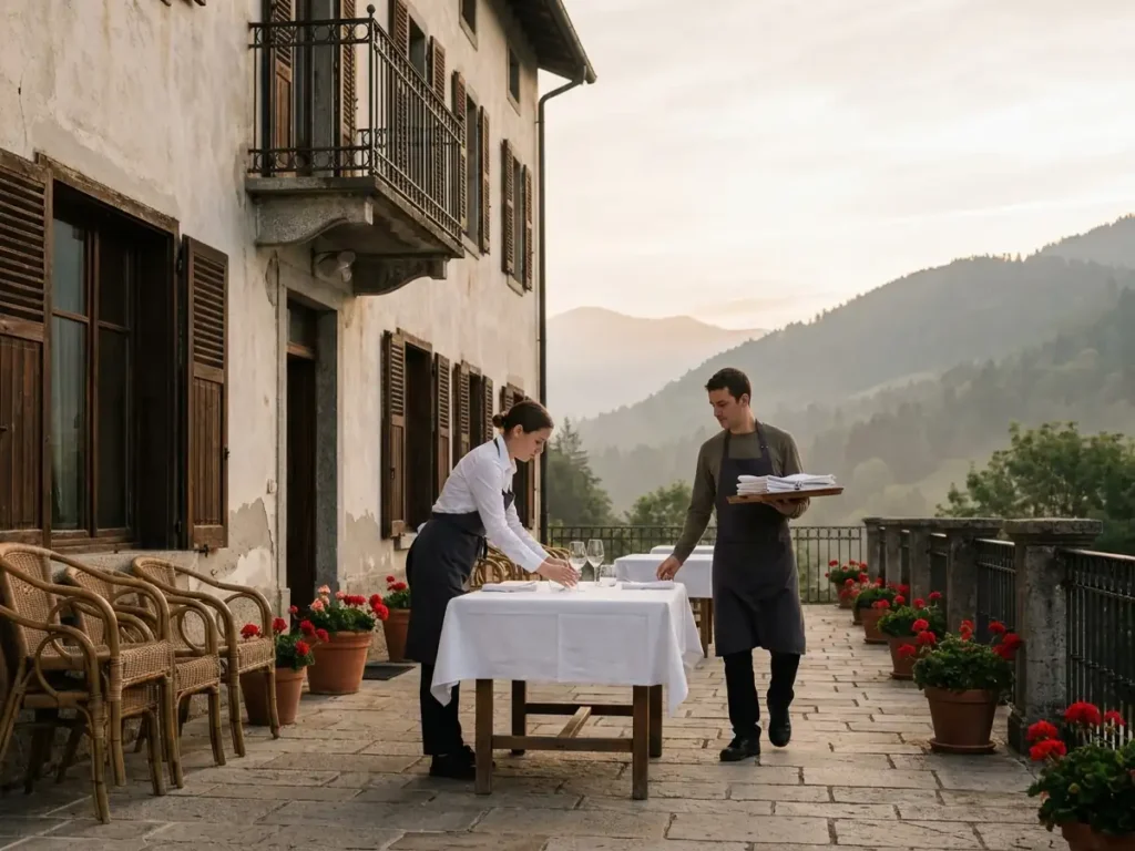 Doi angajați pregătesc terasa unui hotel de munte la începutul sezonului, ilustrare pentru lista sectoarelor în care se pot încadra lucrători sezonieri străini