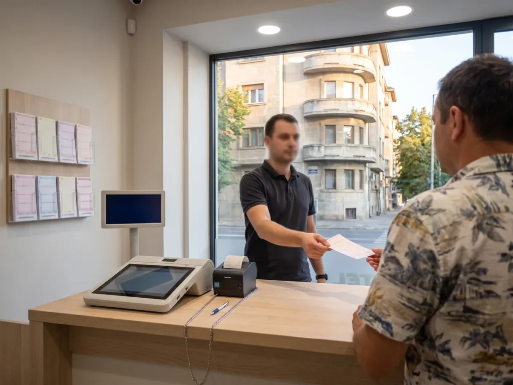 Interior de agenție de bilete de loterie din România, cu terminal și tichete de joc pe tejghea