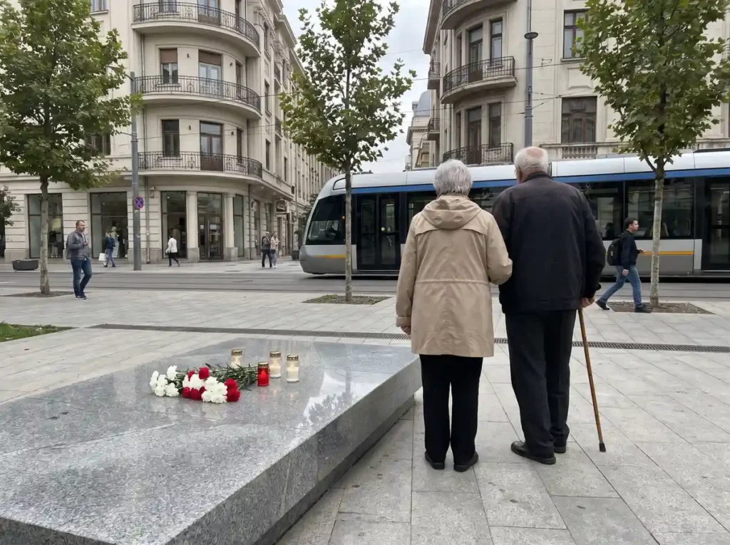 Doi vârstnici stau în fața unei plăci comemorative cu flori și lumânări, într-o piață din București, ilustrare pentru legea privind drepturile victimelor evenimentelor din 13-15 iunie 1990