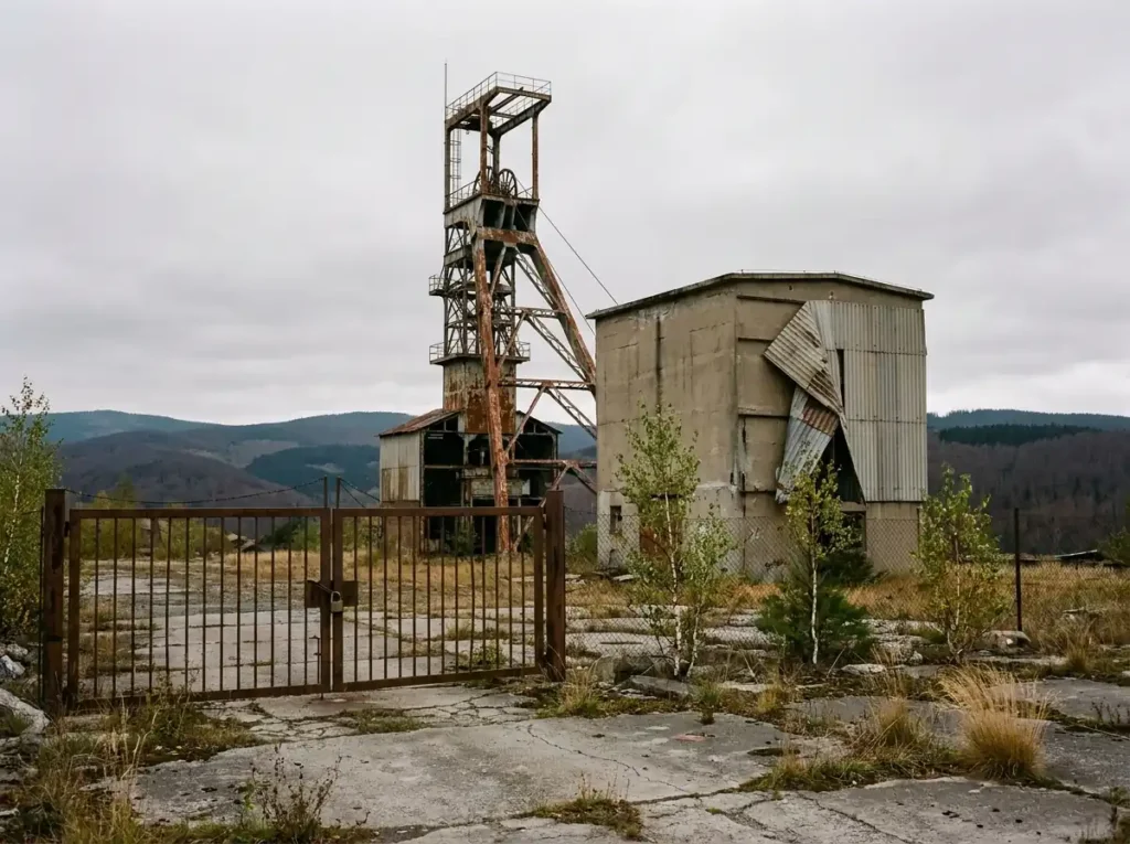 Instalație minieră de suprafață dezafectată din România, cu turn de extracție ruginit, clădire de beton degradată și poartă metalică încuiată, pe fundal de dealuri împădurite