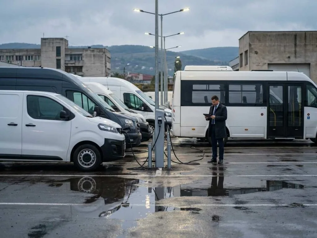 Furgonete electrice la incarcare intr-un depozit comercial, schema de ajutor de stat e-DRIVE pentru electrificarea flotei auto