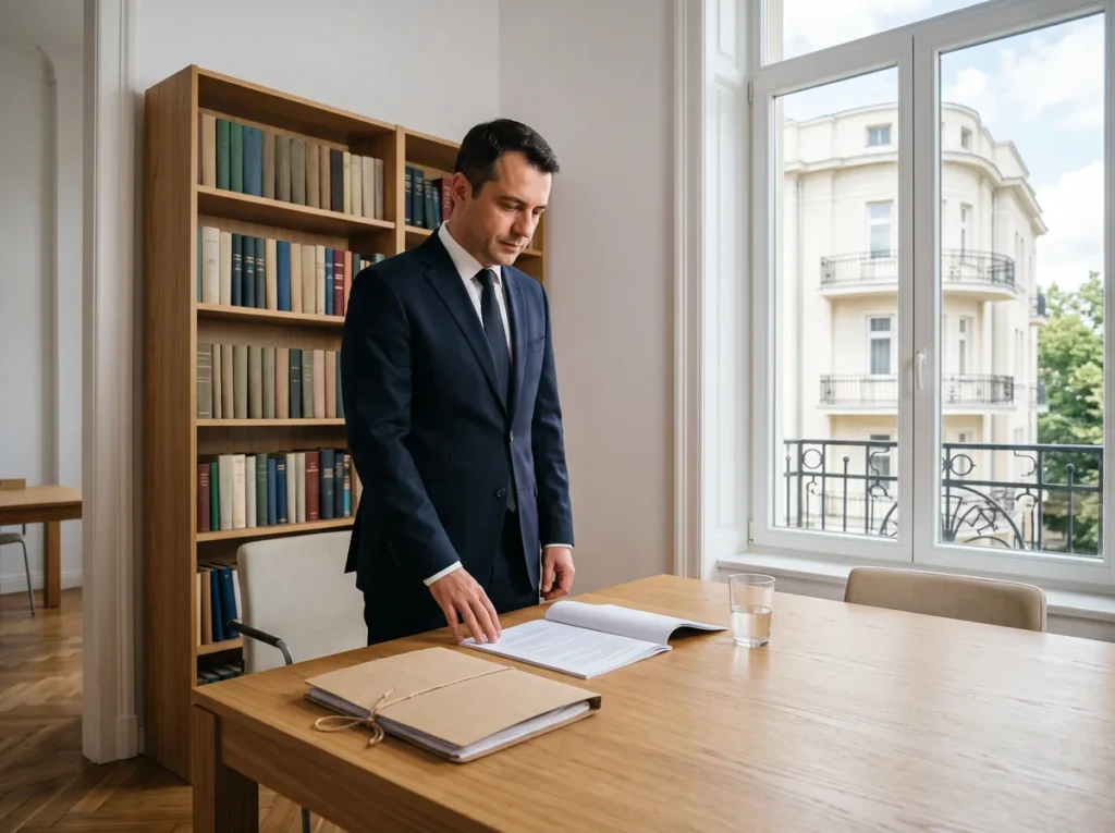 Avocat in costum studiind un dosar pe o masa de lemn, intr-un birou luminos cu biblioteca si fereastra spre o cladire interbelica