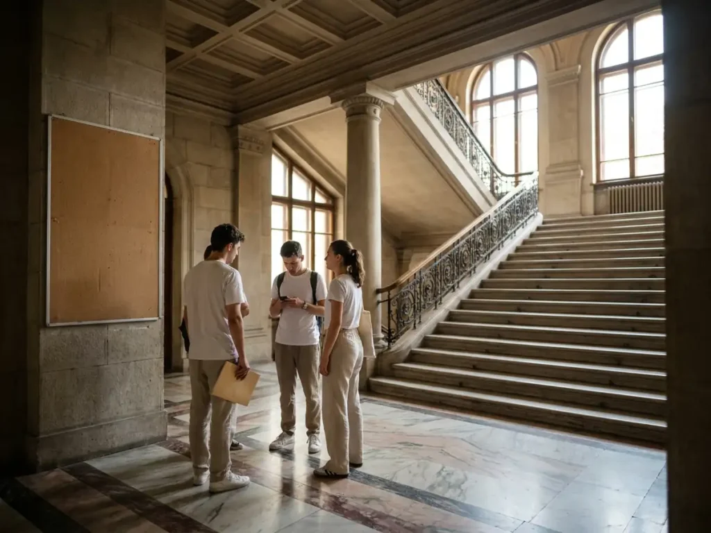 Trei studenți discută lângă un avizier gol în holul unei universități, ilustrare pentru rescrierea listelor de specializări universitare pentru anul 2026-2027