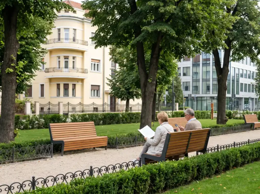 Două persoane la vârsta a doua stau pe o bancă într-un parc din România, una citind un document, cu blocuri interbelice și clădiri de birouri în fundal