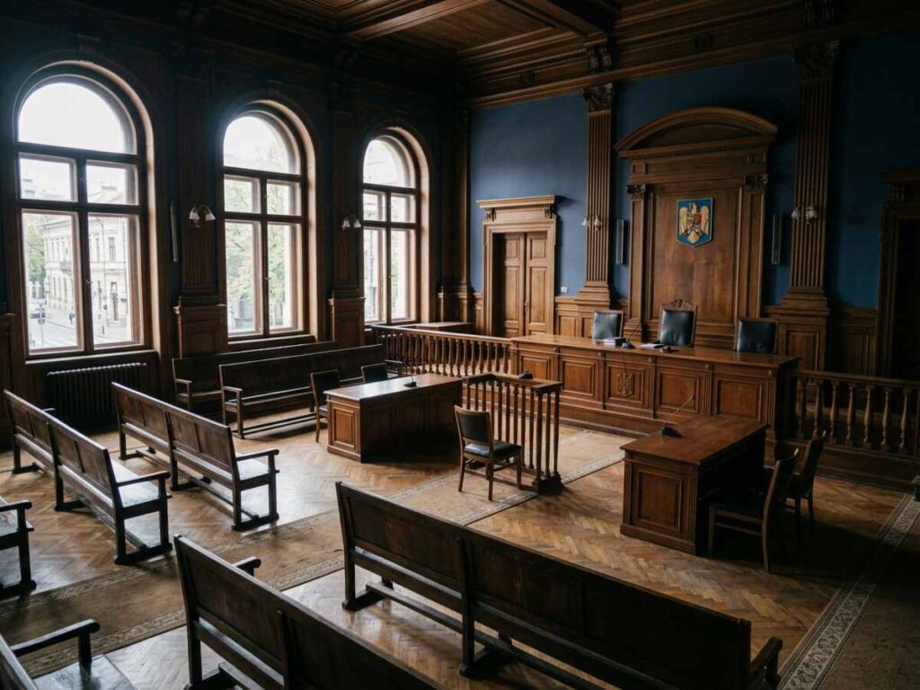 Sala unei instanțe de judecată românești, cu banca judecătorilor și bănci de lemn goale, simbol al procedurii de apel