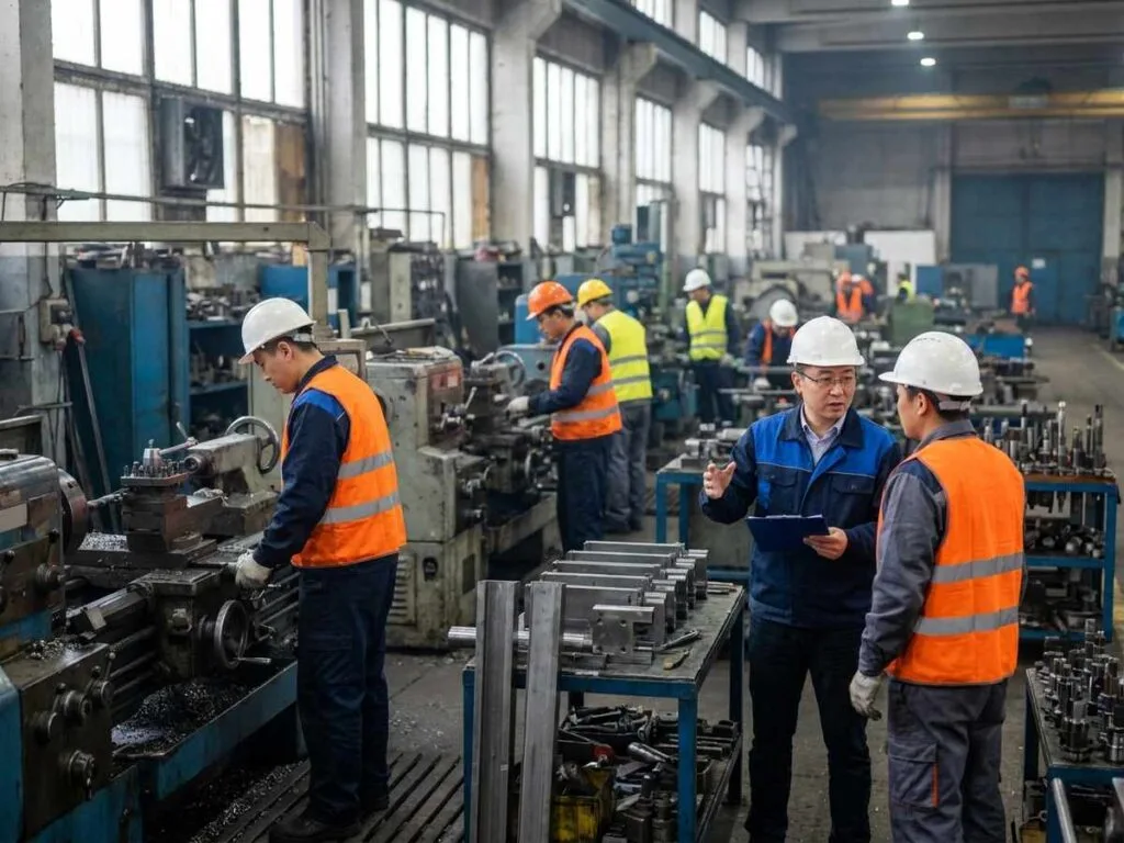 Echipa mixta de muncitori cu casti si veste reflectorizante intr-o hala industriala din Romania
