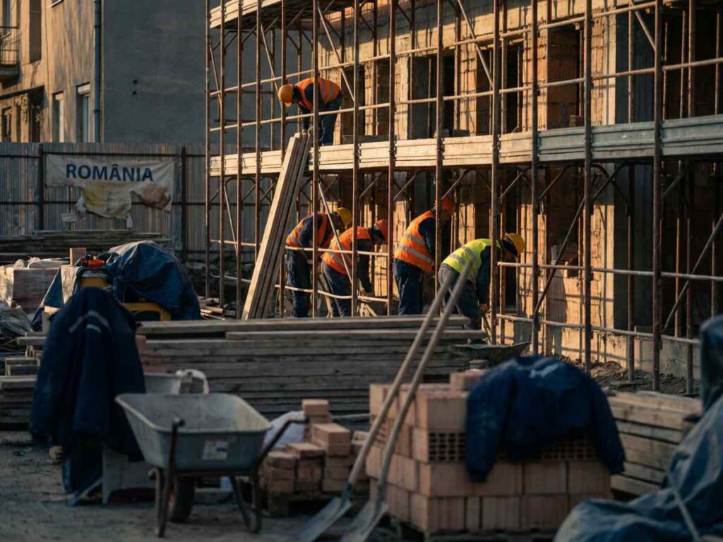 Muncitori pe schela unui șantier de construcții la ora amiezii