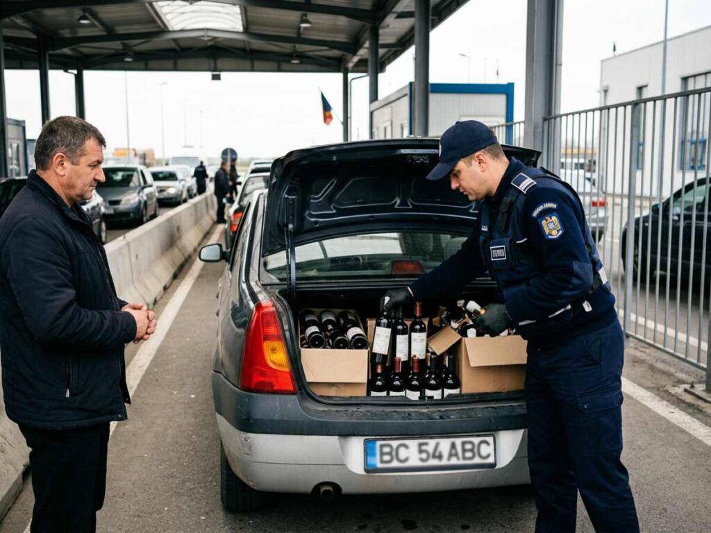 Agent vamal verifică portbagajul unei mașini cu sticle de vin la punctul de trecere a frontierei, simbolizând transportul ocazional de produse accizabile