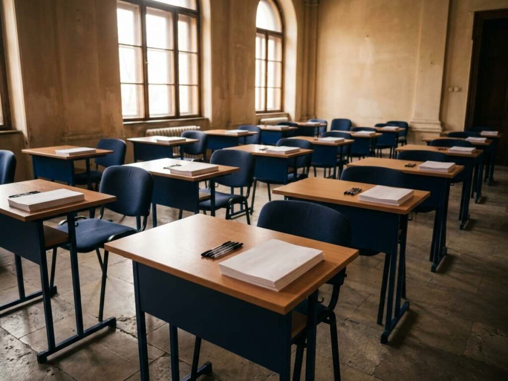 Sală de examen universitar goală, pupitre pregătite pentru proba scrisă