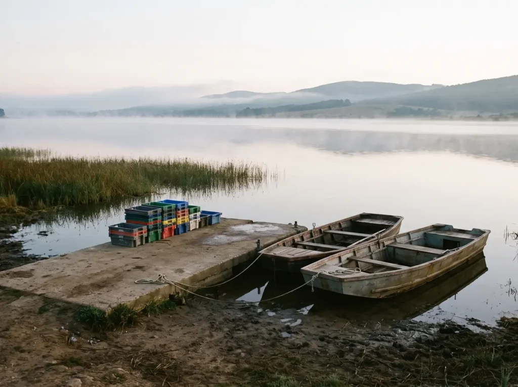 Ponton de beton pe malul unui lac de acumulare, cu doua barci de pescuit legate si lazi de plastic stivuite, in ceata diminetii