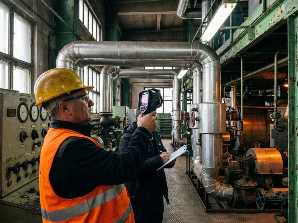 Auditor energetic cu aparat de masura intr-o sala de cazane dintr-o fabrica