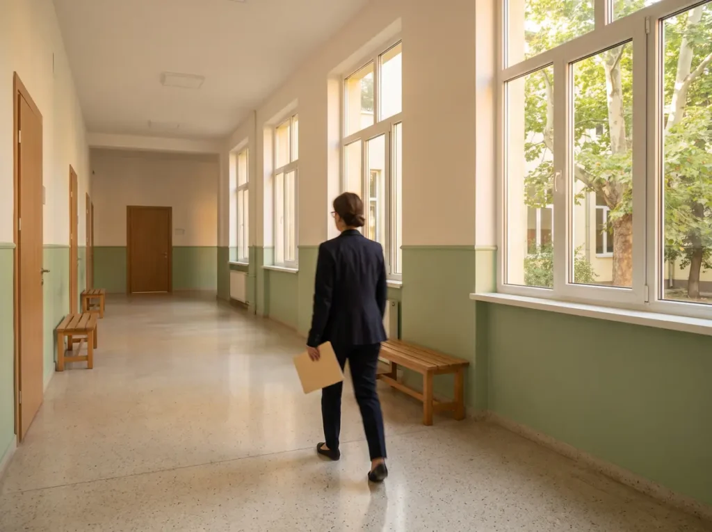 Directoare de școală pe un coridor gol înainte de începerea anului școlar, ilustrând noua grilă de degrevare de normă didactică din Ordinul MEC nr. 4.690/2026