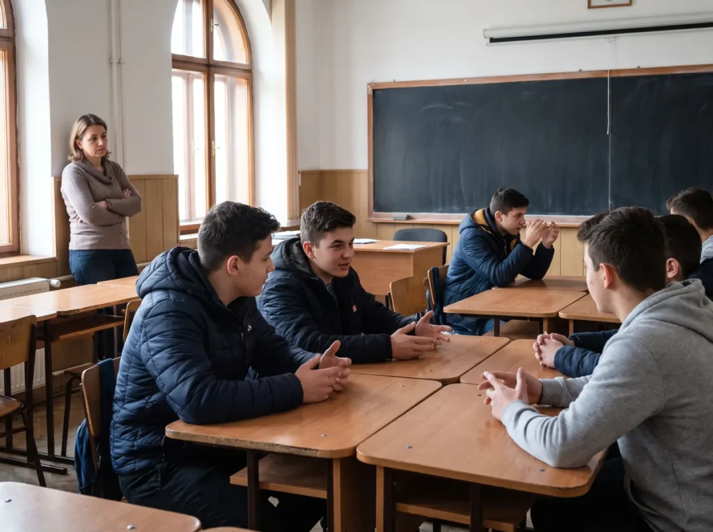 Sala de clasa de gimnaziu: elevii stau fata in fata si vorbesc intre ei, profesoara asculta din lateral, tabla ramane goala