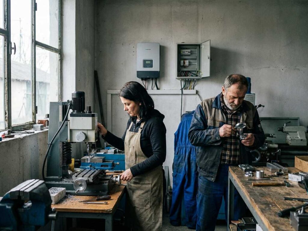 Atelier al unei microintreprinderi romanesti de productie, cu doi angajati la utilaje
