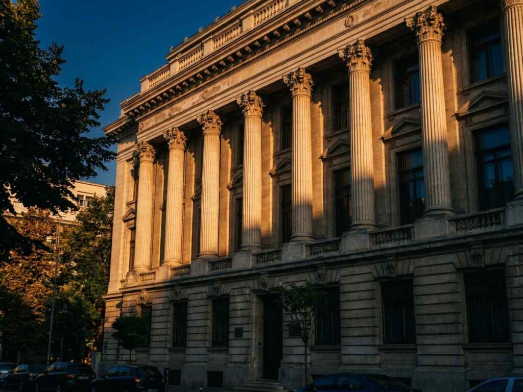 Fațada clasică a unei clădiri bancare din București la asfințit, simbolizând emisiunea de titluri de stat FIDELIS pentru persoane fizice
