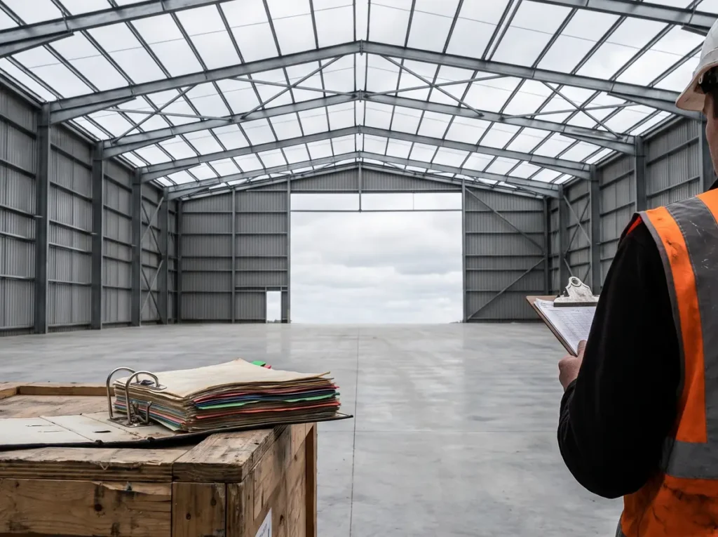 Hala industriala nou construita, cu structura metalica si podea de beton, inca fara utilaje; in prim-plan un biblioraft gros pe o lada de lemn si un inspector cu clipboard