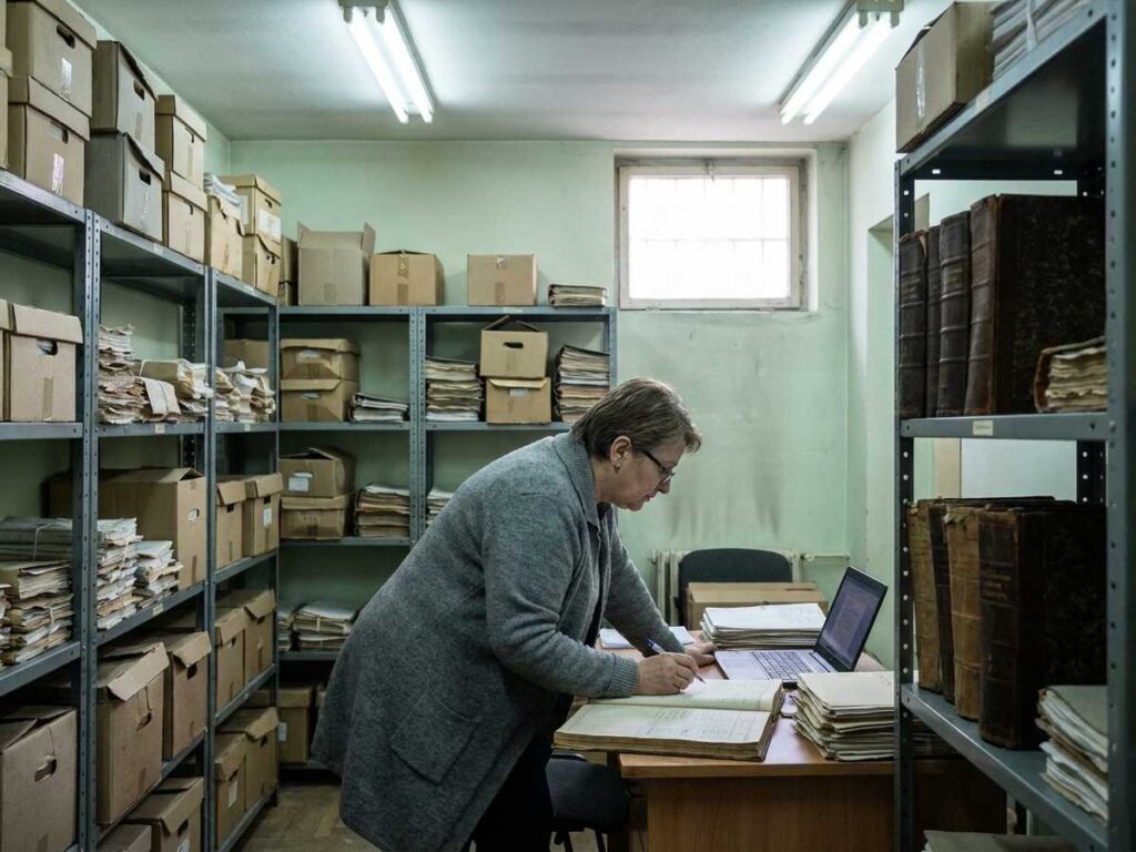 Arhiva de documente a unei institutii publice din Romania, cu registre de patrimoniu pe rafturi metalice