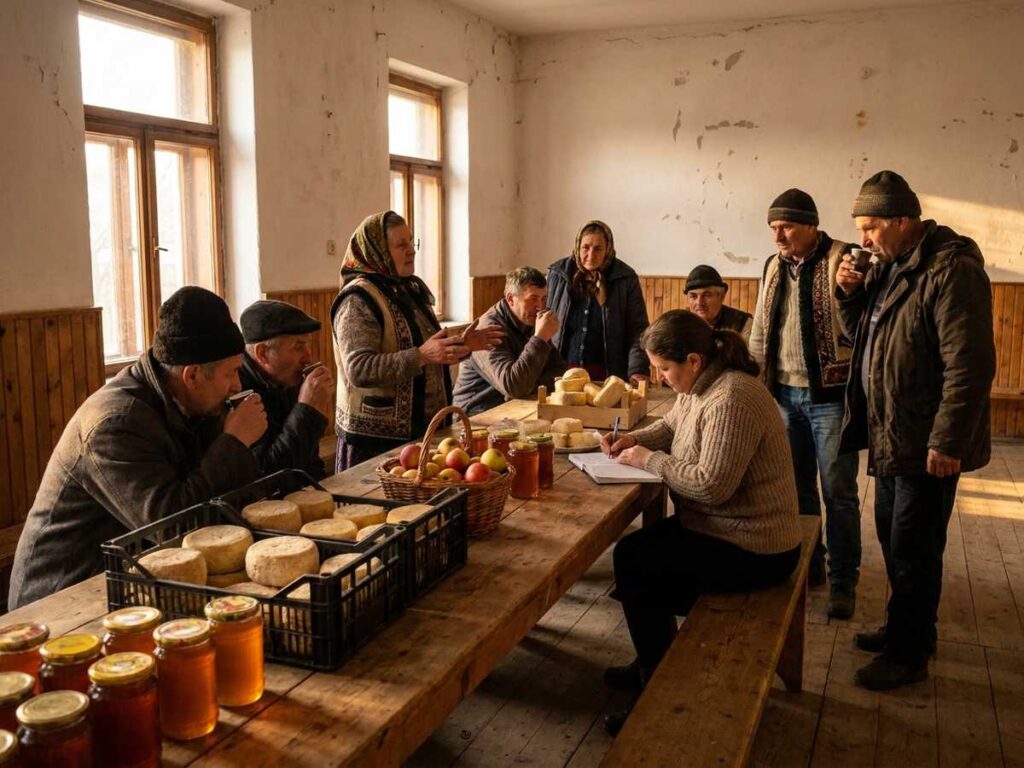 Producatori agricoli romani reuniti intr-un camin cultural, cu lazi de branza si mere pe masa
