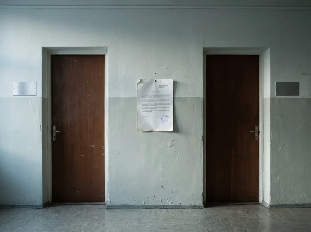 Coridor universitar cu două uși identice și plăcuțe goale, iar între ele o singură hârtie ștampilată prinsă în pioneză